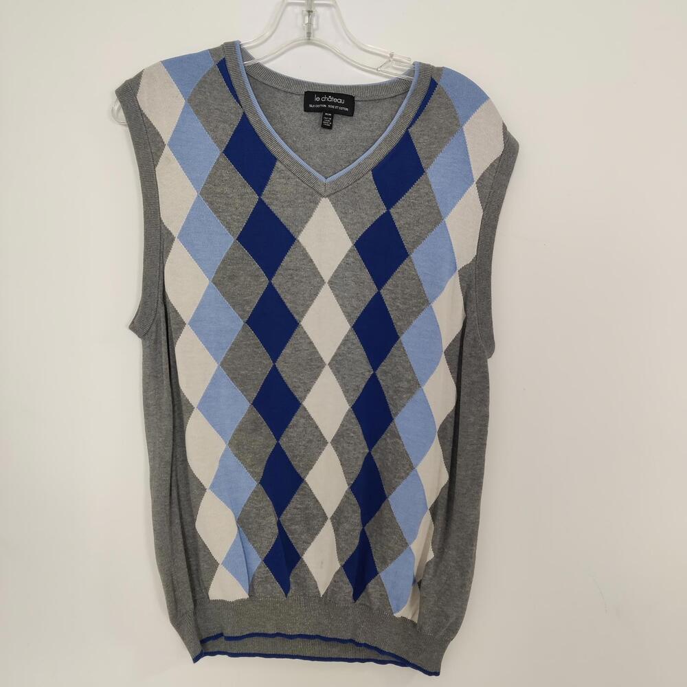 Le Chateau Silk Cotton Argyle Sweater Vest Mens Medium Grey Blue V-Neck